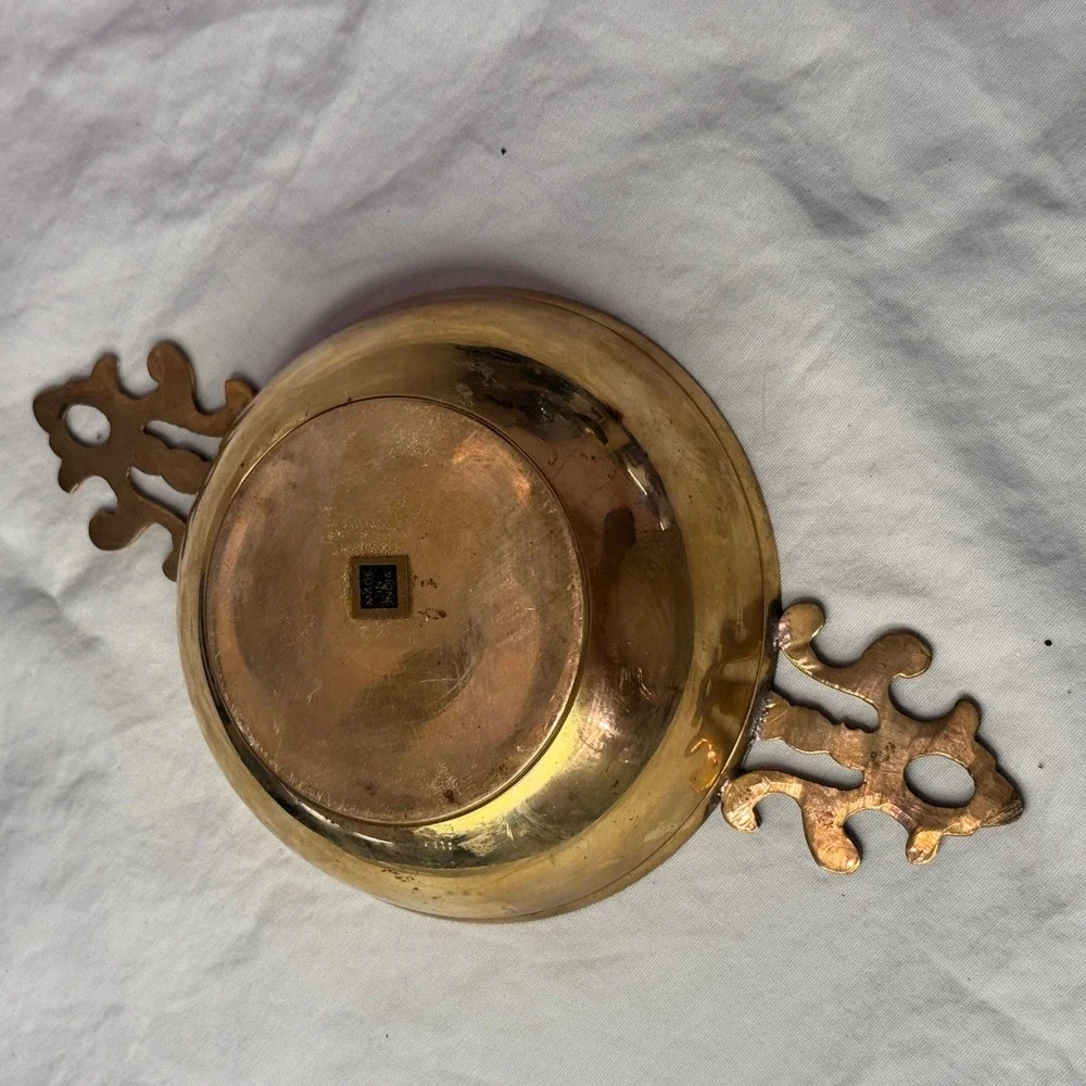 Vintage Brass Decorative Bowl with Ornate Scroll Handles Made in India 4.5